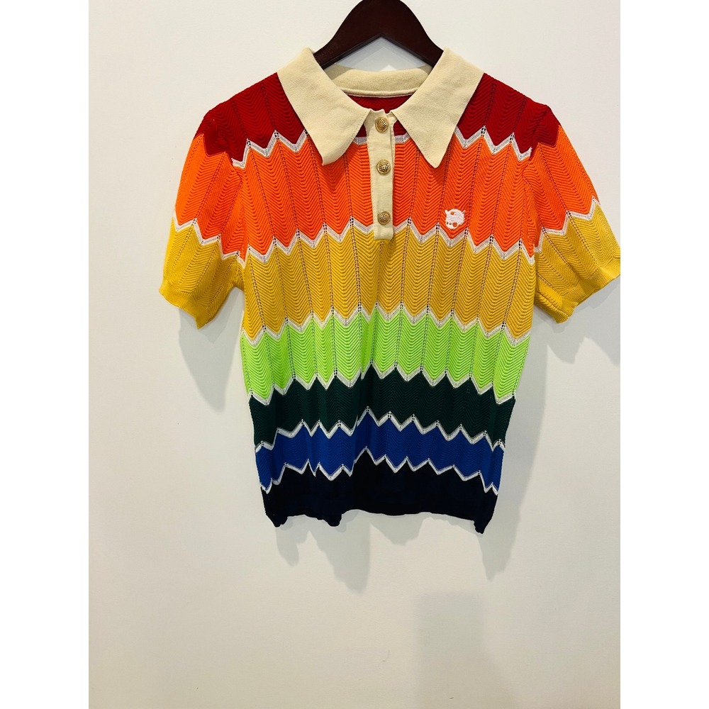Rainbow Chevron Knit Polo Shirt Short Sleeve Gold Button Pointelle Top